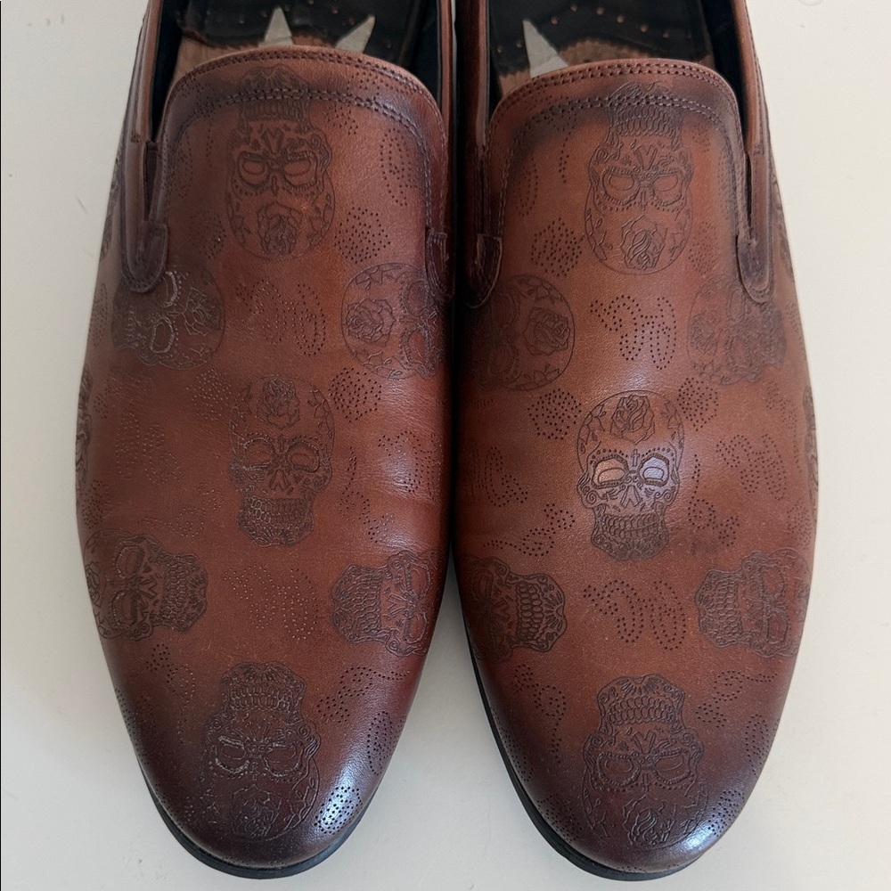 Men's ROBERT GRAHAM Jupiter Brown Leather Skull Print Slip-On Dress Shoes, SZ 11 - Picture 11 of 12